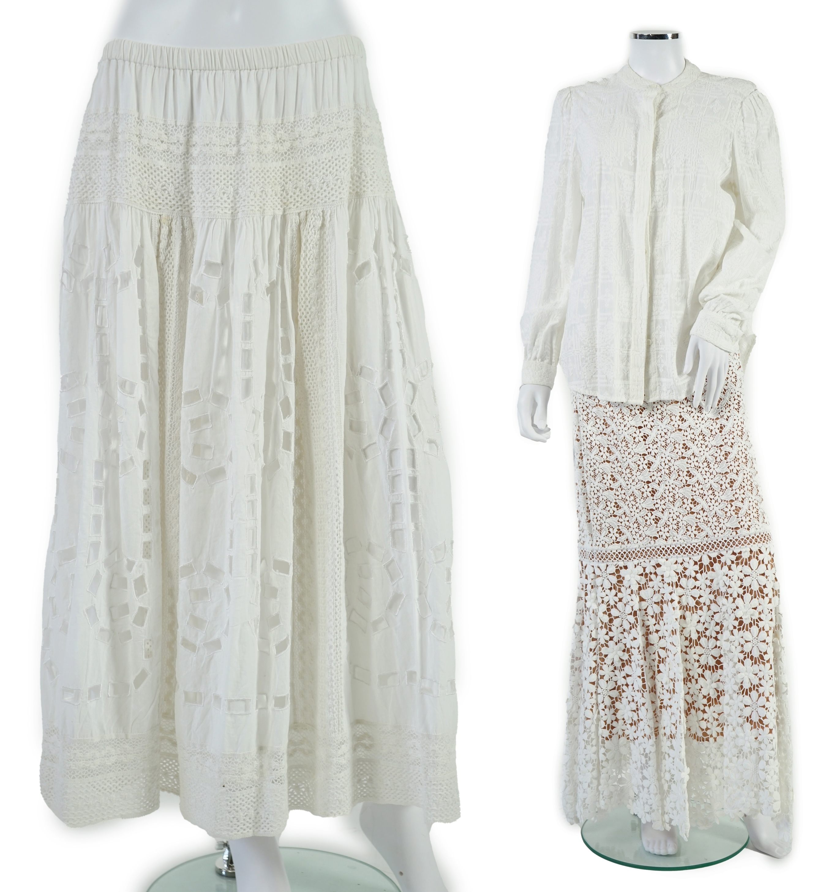Two Michael Kors white midi length skirts and a white blouse. Size 14 - 16 Proceeds to Happy Paws Puppy Rescue